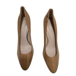 COACH Women's 9.5B Nude Patent Leather Platform Pumps Stacked Heel Logo Detail